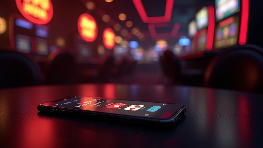 Smartfon z ekranem pobierania aplikacji w klimatycznym wnętrzu kasyna
