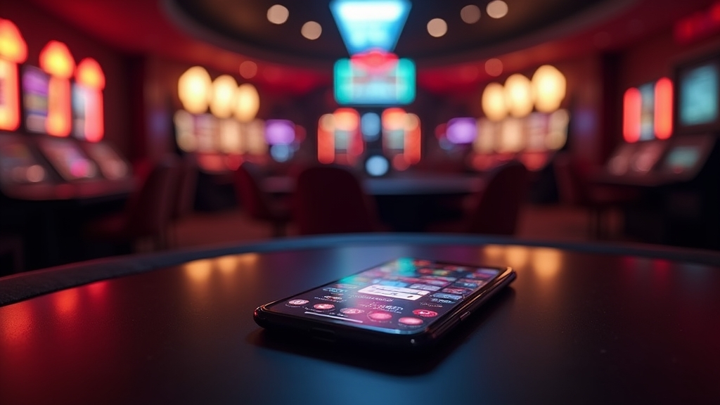 Smartfon z ekranem pobierania aplikacji w klimatycznym wnętrzu kasyna